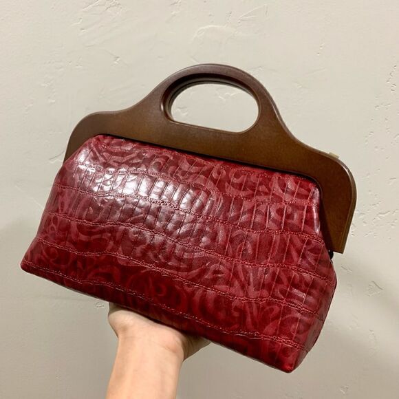 Burgundy Floral Embossed Cowhide Handmade Wooden Frame Top Handle Bag/Crossbody - Picture 13 of 16